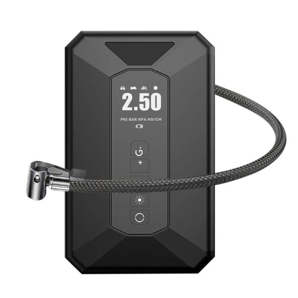 Inflador portátil digital con pantalla LCD encendida mostrando PSI