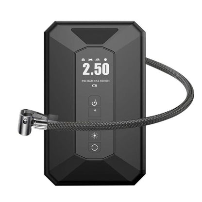 Inflador portátil digital con pantalla LCD encendida mostrando PSI